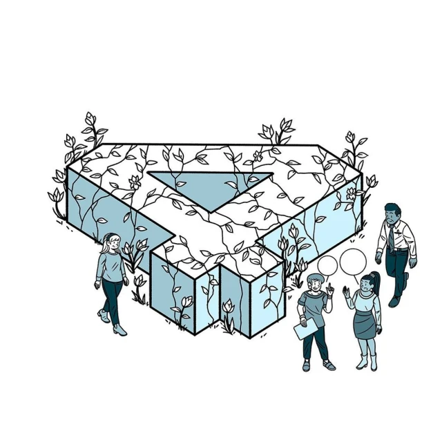 Illustration of a diverse group of people standing around a geometric, abstract form covered in vines, set against a white background.