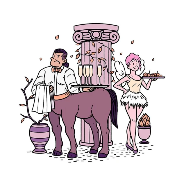 Illustration of a centaur waiter holding drinks and a winged female server with desserts, standing in front of a column.