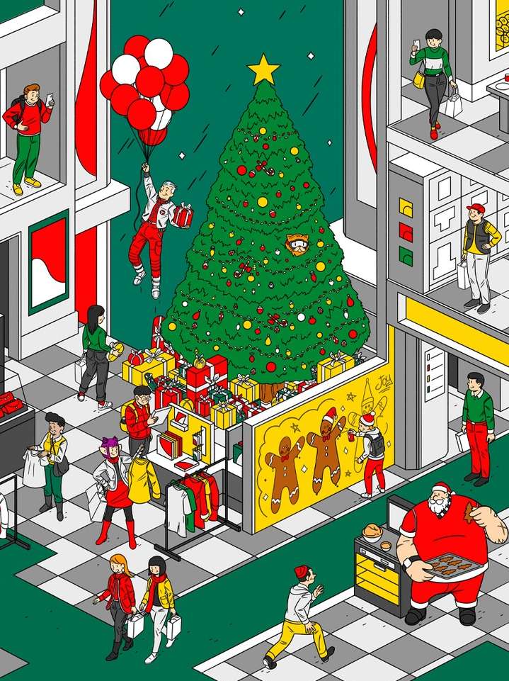 Isometric illustration of a busy shopping street during Christmas with people, presents, a decorated tree, and festive elements.