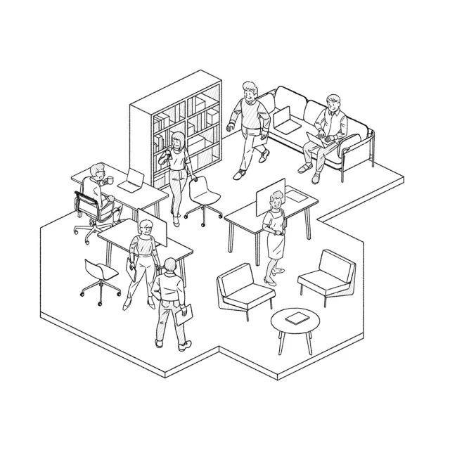 Black-and-white line art drawing of a modern office with people working at desks, sitting on a couch, and shelves with books.