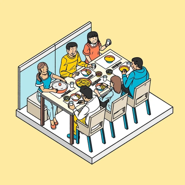 Isometric vector illustration of six people dining at a table with food bowls and a pot, seated on chairs in an indoor setting.