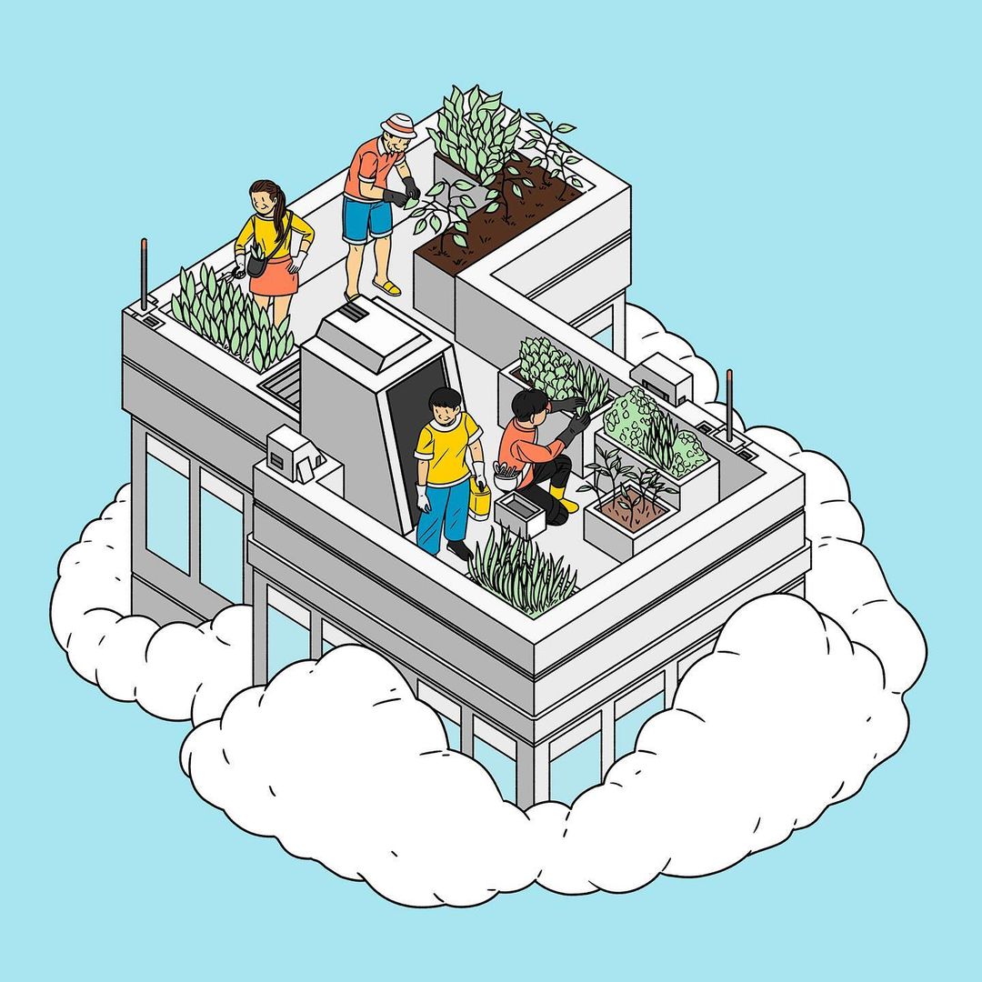 Illustration of four people tending to a rooftop garden atop a modern building surrounded by clouds against a light blue backdrop.