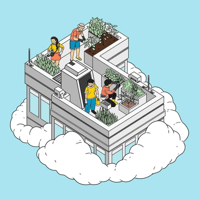 Illustration of four people tending to a rooftop garden atop a modern building surrounded by clouds against a light blue backdrop.