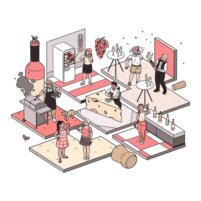 Whimsical illustration of a party scene with people, food, and drinks arranged on a geometric layout with pastel colors and playful details.