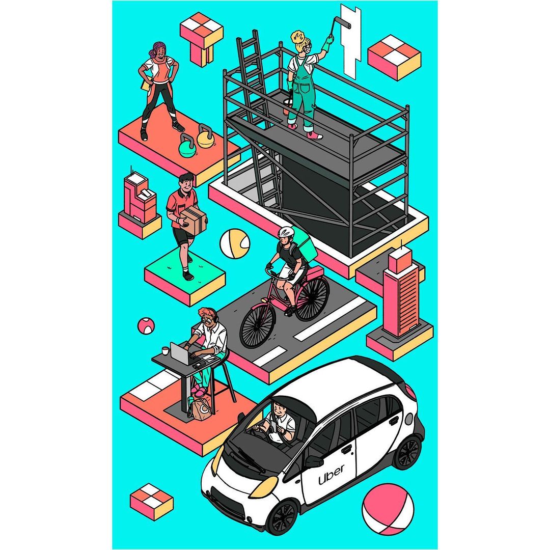 Isometric illustration of people working in delivery, construction, office work, and rideshare, set against a bright turquoise background.