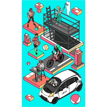 Isometric illustration of people working in delivery, construction, office work, and rideshare, set against a bright turquoise background.