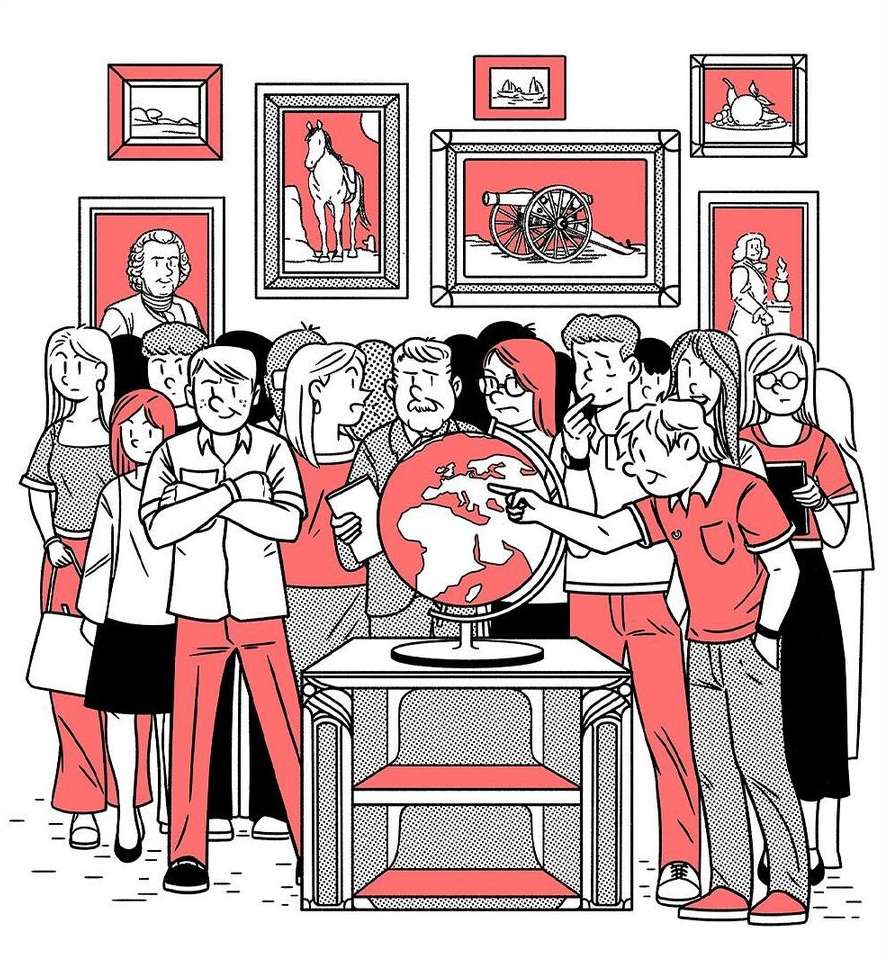 Illustration of a crowd of people gathered around a globe in an art gallery with paintings on the wall, rendered in red and black ink.