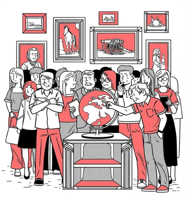 Illustration of a crowd of people gathered around a globe in an art gallery with paintings on the wall, rendered in red and black ink.