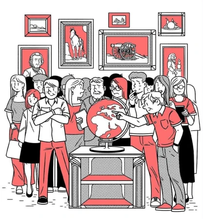 Illustration of a crowd of people gathered around a globe in an art gallery with paintings on the wall, rendered in red and black ink.