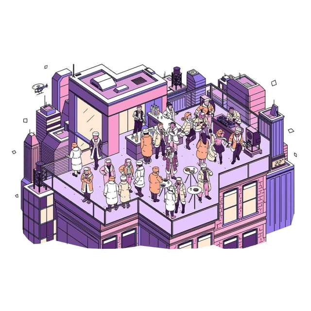 Illustration of a rooftop party with a large group of people in a modern, stylized cityscape with buildings and a helicopter.
