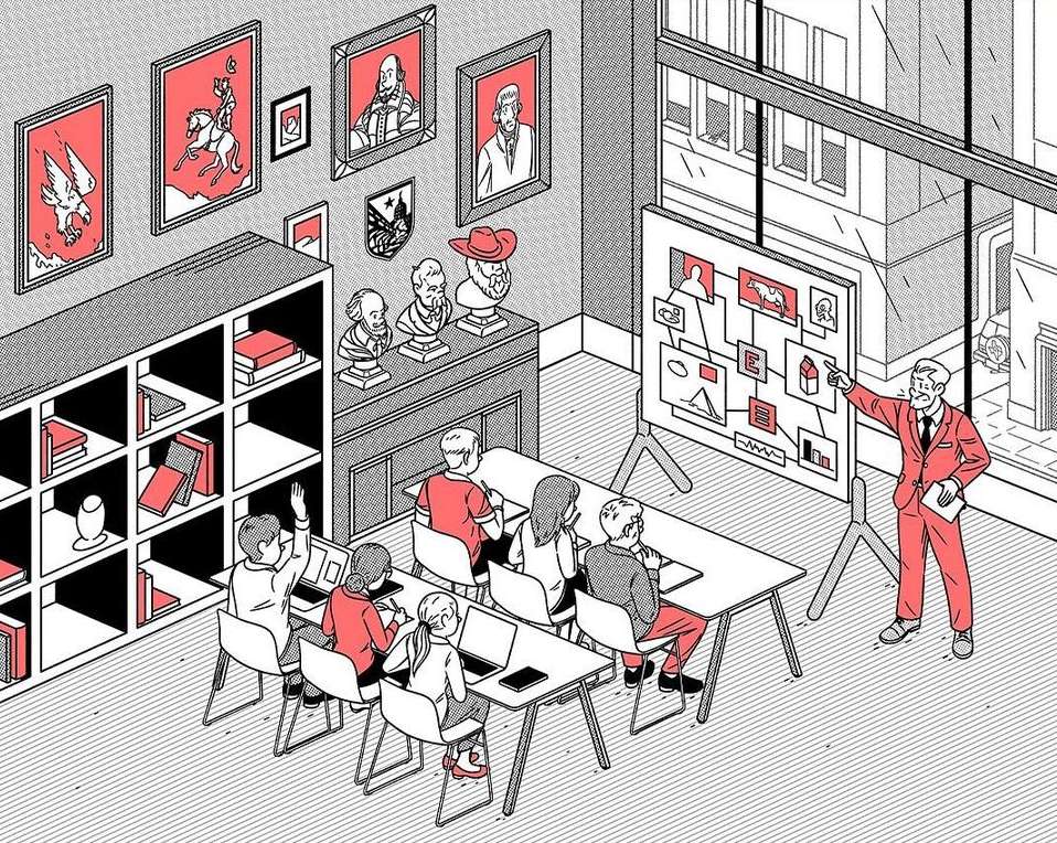 Illustration of a professor lecturing students in a classroom with paintings, sculptures, and a whiteboard diagram, rendered in red and black.