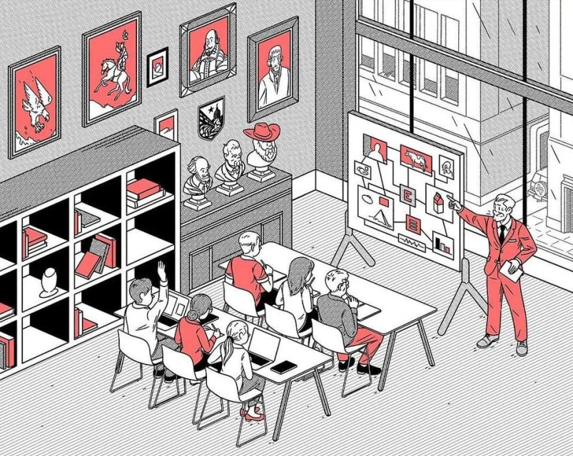 Illustration of a professor lecturing students in a classroom with paintings, sculptures, and a whiteboard diagram, rendered in red and black.