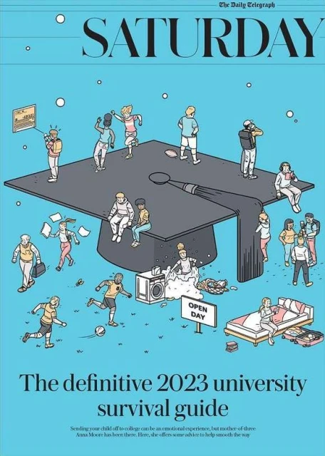 Illustration on a magazine cover with people on top of a graduation cap. The title reads: 'The definitive 2023 university survival guide'.