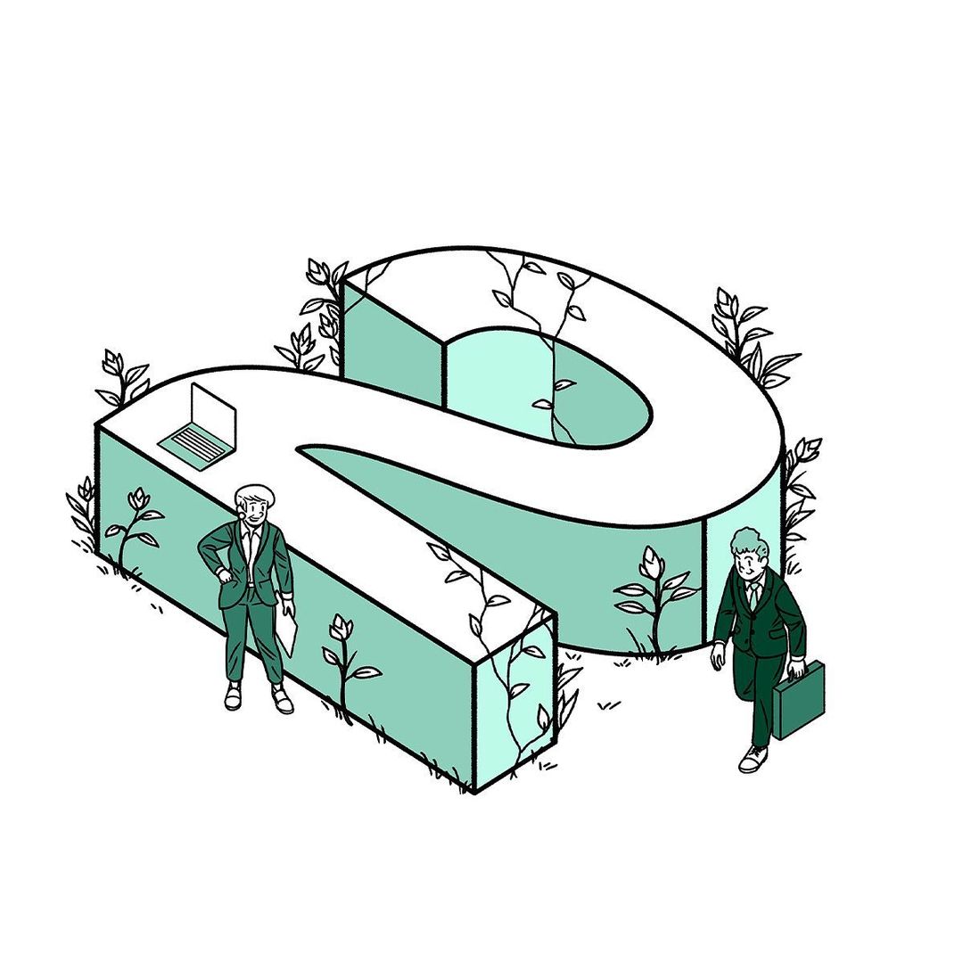 Isometric illustration of two business men standing next to a large green S-shaped structure with plants and a laptop on top.