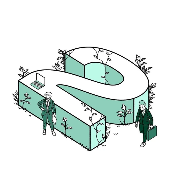 Isometric illustration of two business men standing next to a large green S-shaped structure with plants and a laptop on top.