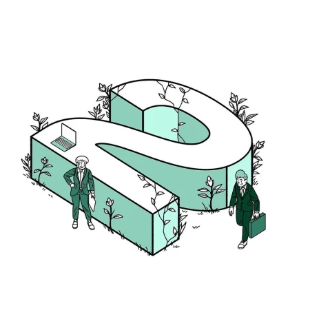 Isometric illustration of two business men standing next to a large green S-shaped structure with plants and a laptop on top.