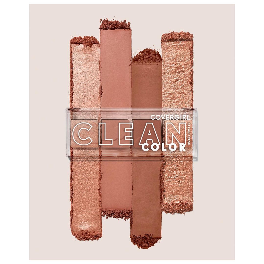 Covergirl Clean Color eyeshadow palette with four pans of eyeshadow in neutral and brown tones arranged on a light beige background.