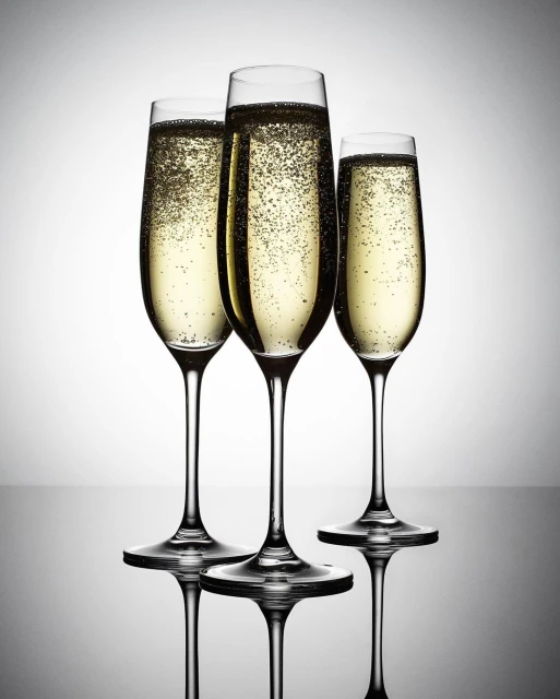 Three champagne flutes filled with sparkling wine and bubbles against a bright gradient background, creating an elegant still life.