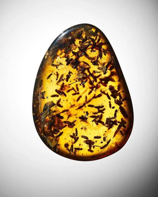 Amber specimen showcasing preserved insects, set against a clean, bright background. The amber is translucent with visible inclusions.