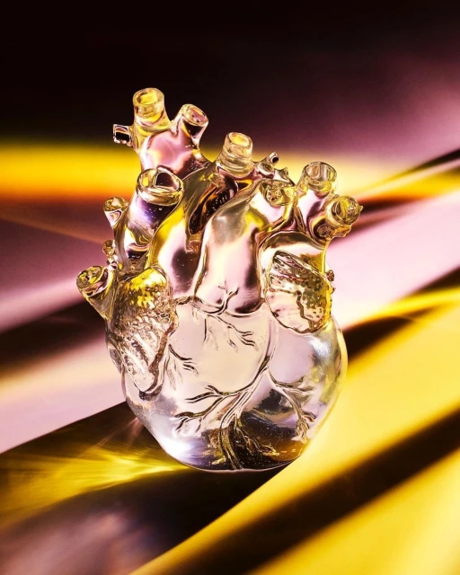Photograph of a translucent anatomical heart model artfully illuminated with yellow and pink light casting shadows on a dark background.