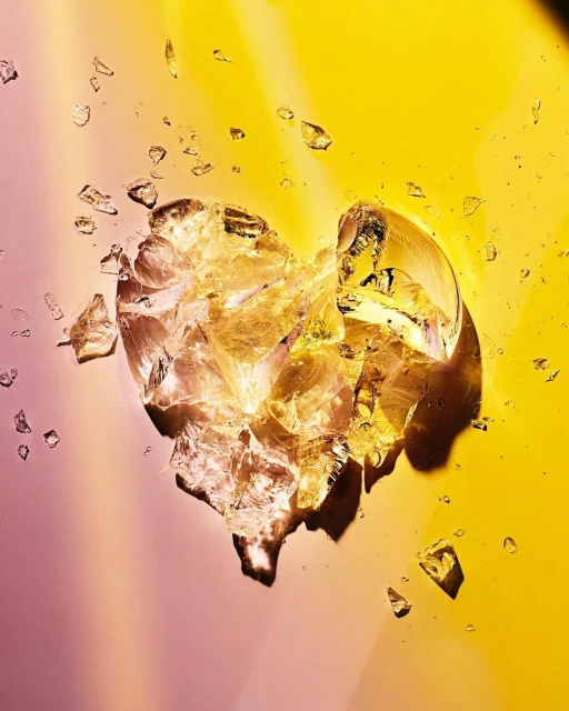 Broken heart shape formed from shattered glass shards on a yellow and pink gradient background, creating a visual metaphor for loss.