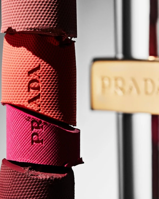 Macro still life shot of stacked Prada Monolith blush and highlighter cases in red, pink, and gold tones with embossed logo details.