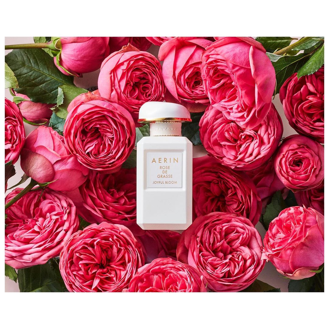 AERIN Rose de Grasse perfume bottle surrounded by pink roses creating a visually appealing product presentation.