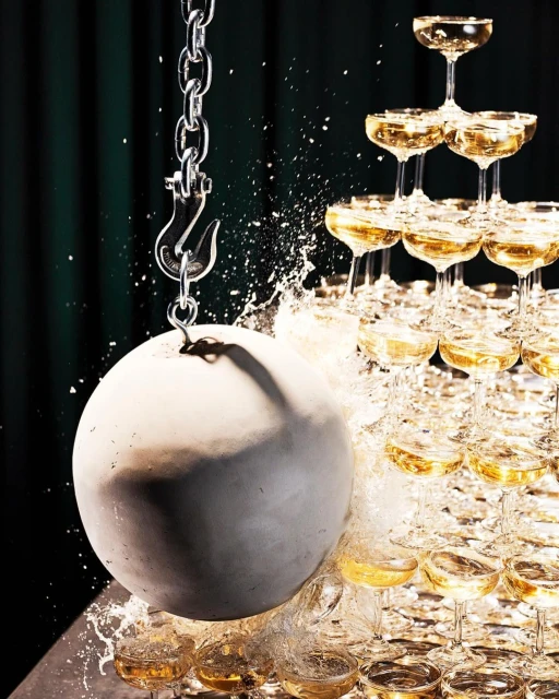Champagne tower is destroyed by a wrecking ball. The champagne spills out of the glasses as the steel ball crashes into them.