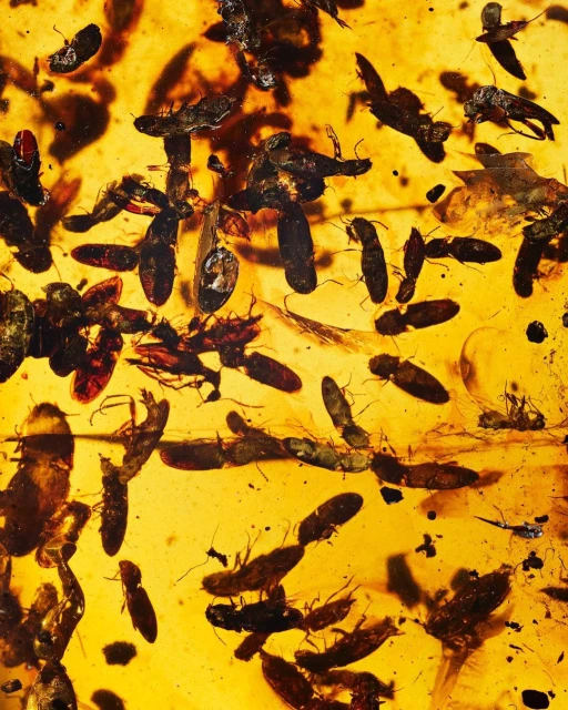 Fossilized insects encased in amber with golden-yellow hues and dark-brown insect remains, creating a naturally preserved scientific specimen.