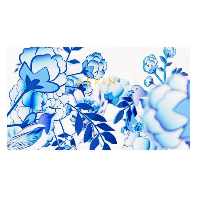 Illustration of stylized blue flowers and birds on a white background with gold text, suitable for beauty or fashion design projects.