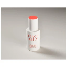 Peach & Lily Glass Skin Refining Serum bottle with white body and red cap on a neutral grey background