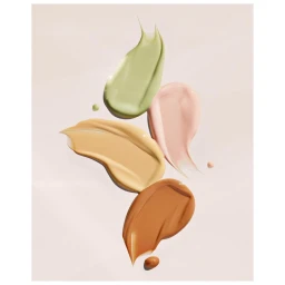Four colorful cosmetic cream swatches including green, pink, beige, and brown arranged vertically against a pale backdrop