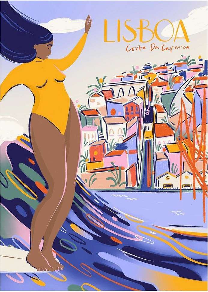 Illustration of a woman surfing in Lisbon. She is wearing a yellow bodysuit and the background features a cityscape by the ocean.