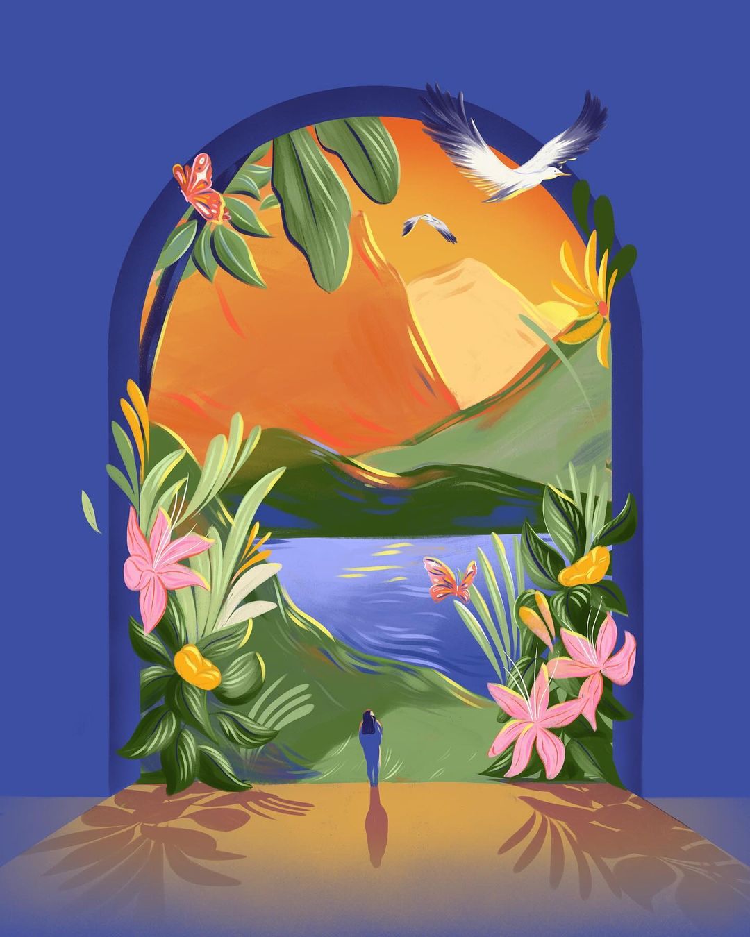 Illustration of a person standing at the end of a floral archway looking out at a mountain landscape with birds, and water.