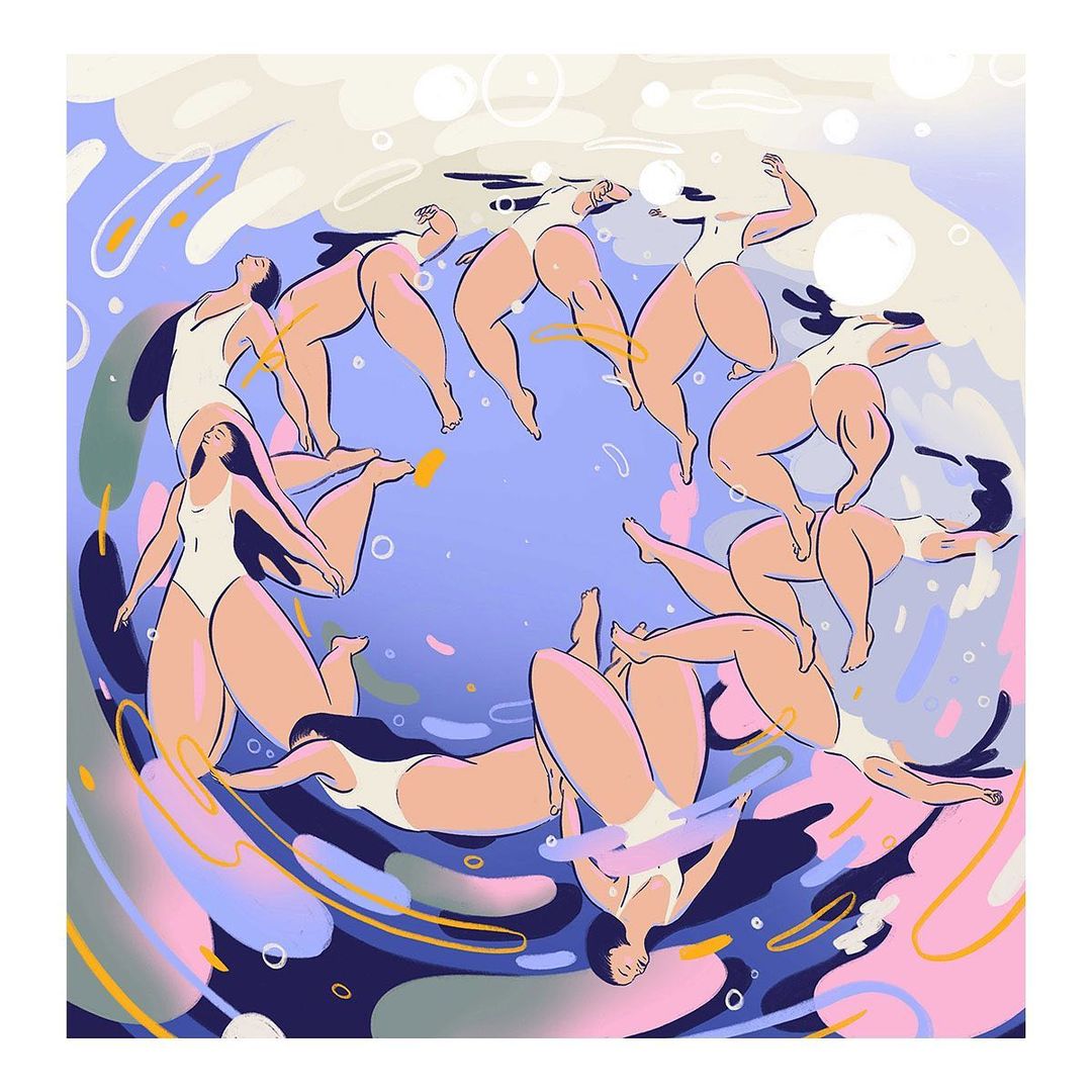 Abstract art illustration of several women in white swimsuits swimming in a circular motion in blue and white water, with soft lighting.