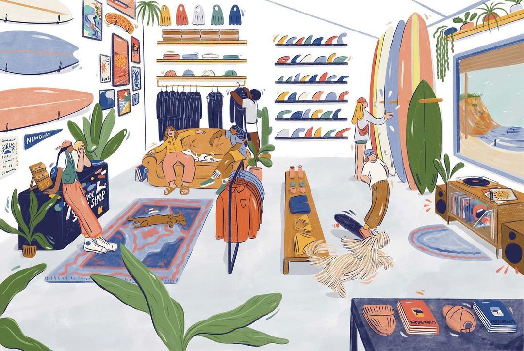 Surf shop illustration featuring people browsing surfboards and clothing, with racks of fins, apparel, and wall art.
