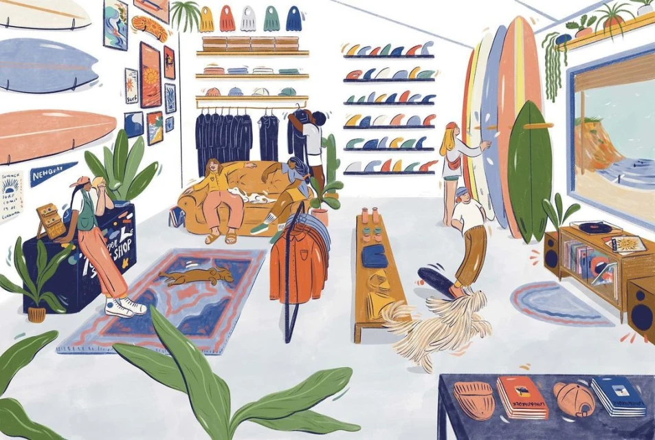Surf shop illustration featuring people browsing surfboards and clothing, with racks of fins, apparel, and wall art.