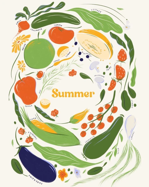 Illustration of summer vegetables and fruits including tomatoes, zucchini, corn, berries, and lettuce arranged in a colorful ring.