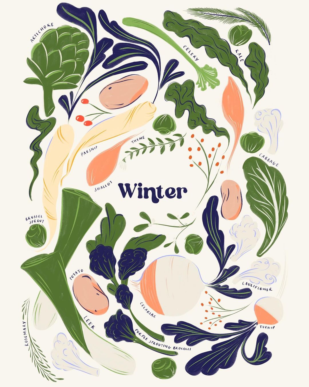 Illustration of various winter vegetables, including artichoke, celery, kale, cabbage, potato, leek, parsnip, turnip, and brussels sprouts.