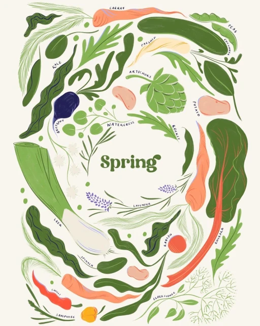 Whimsical illustration of spring vegetables including carrots, artichokes, and leafy greens, arranged in a circle on a cream background.
