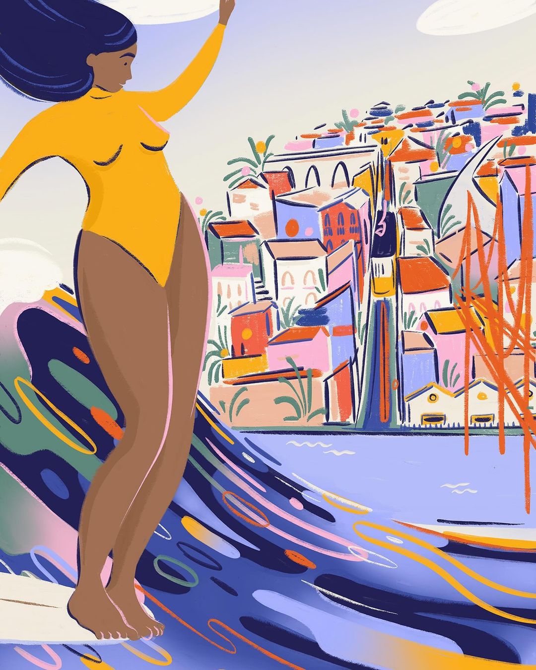 Illustration of a woman in a yellow bathing suit on a wave with colorful buildings, a bridge, and blue water in the background.