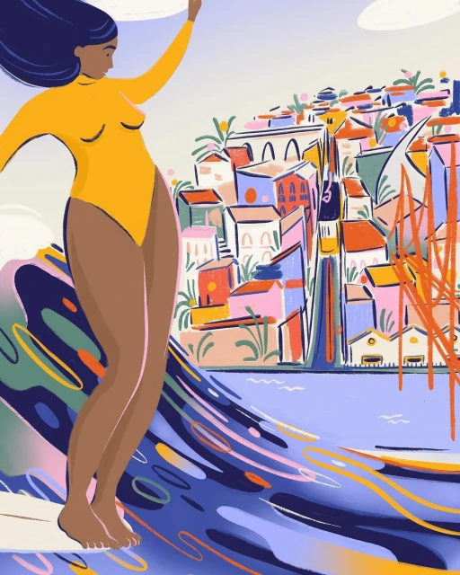 Illustration of a woman in a yellow bathing suit on a wave with colorful buildings, a bridge, and blue water in the background.