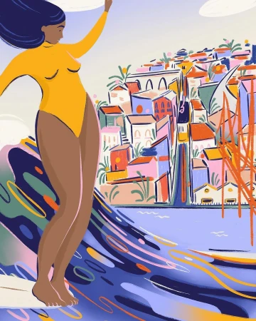 Illustration of a woman in a yellow bathing suit on a wave with colorful buildings, a bridge, and blue water in the background.