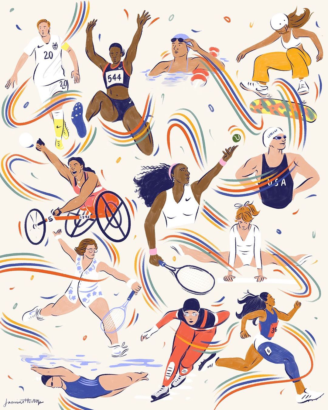 Illustration of 13 diverse athletes in various sports like swimming, track, tennis, and skateboarding, surrounded by colorful ribbons.