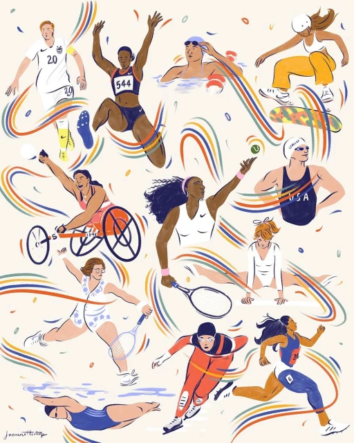Illustration of 13 diverse athletes in various sports like swimming, track, tennis, and skateboarding, surrounded by colorful ribbons.