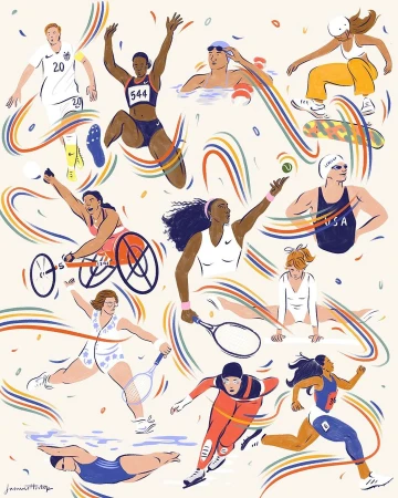 Illustration of 13 diverse athletes in various sports like swimming, track, tennis, and skateboarding, surrounded by colorful ribbons.