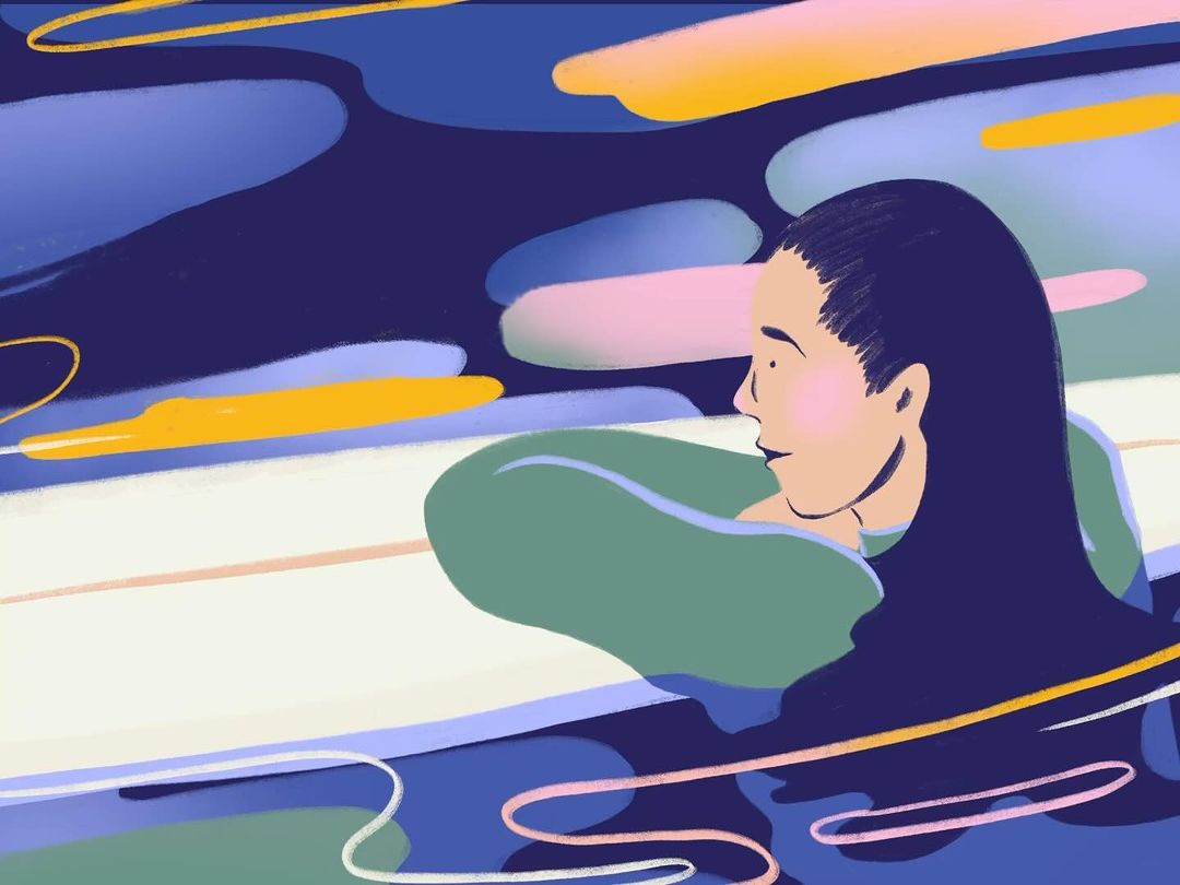 Illustration of a woman with dark hair looking to the side against a colorful abstract background with blue, pink, and yellow shapes.