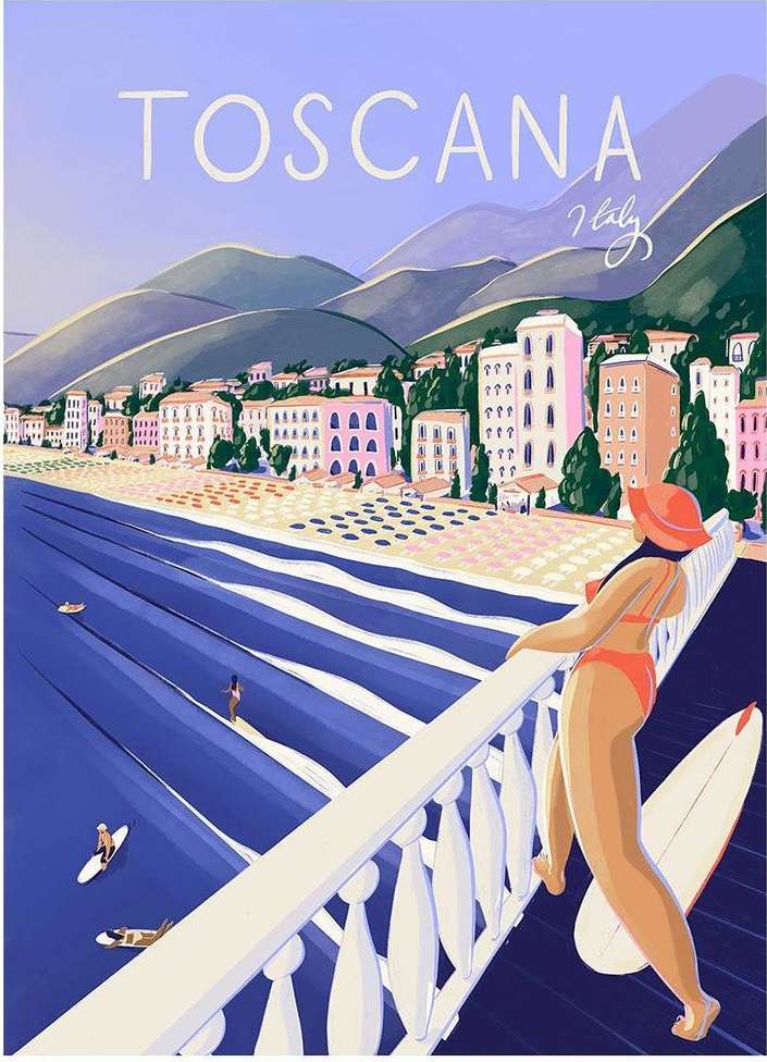 Illustration of a woman in a bikini and sun hat looking out at the beach in Tuscany, Italy with surfers in the ocean.