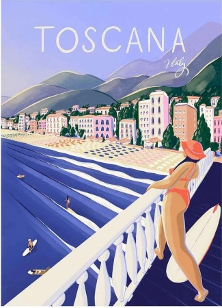 Illustration of a woman in a bikini and sun hat looking out at the beach in Tuscany, Italy with surfers in the ocean.