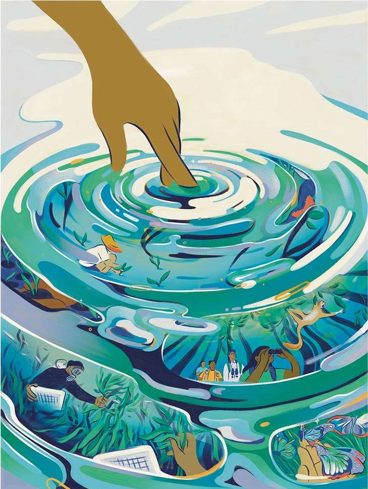 Illustration of a hand touching the surface of water, creating ripples that contain scenes of people working in nature.
